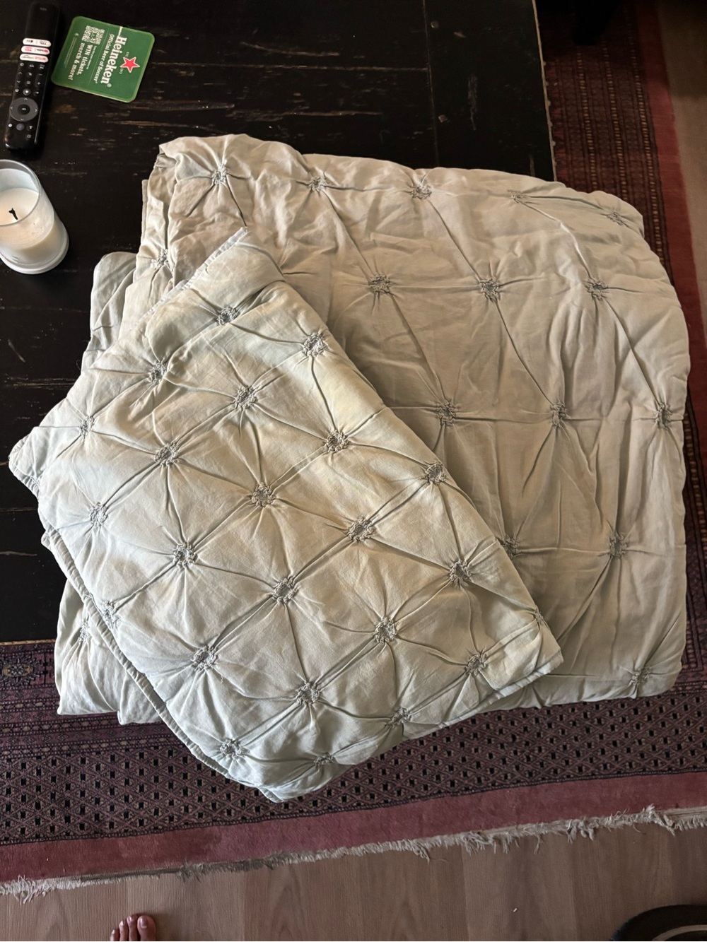 Tufted Pintuck Queen Comforter - Light Sage Green and two sham pillowcases